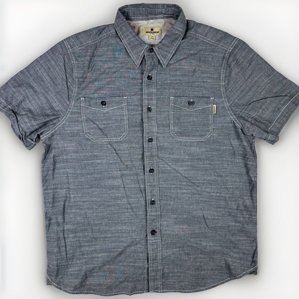 Woolrich Shirt Adult Large Gray Chambray Button Up Short Sleeve Casual Mens