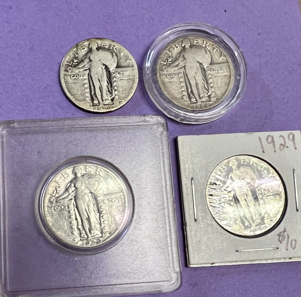 4 Standing Liberty Quarters (inc 2 1929) Constitutional 90% SILVER Vintage Coins