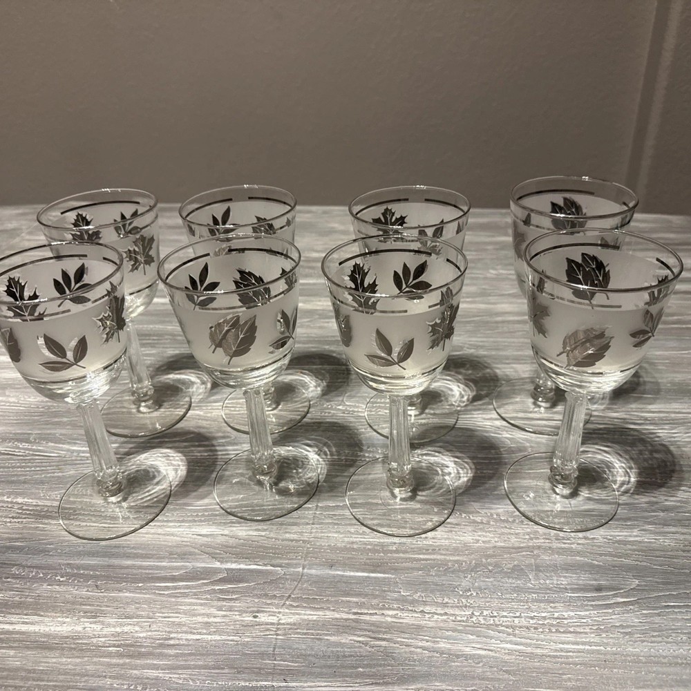 Vintage 1960s Libbey Silver Foliage Frosted Wine Glasses MCM 8oz Set of 8