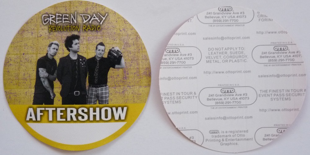 Green Day Revolution Radio Tour Concert Yellow After Show Backstage Pass D4