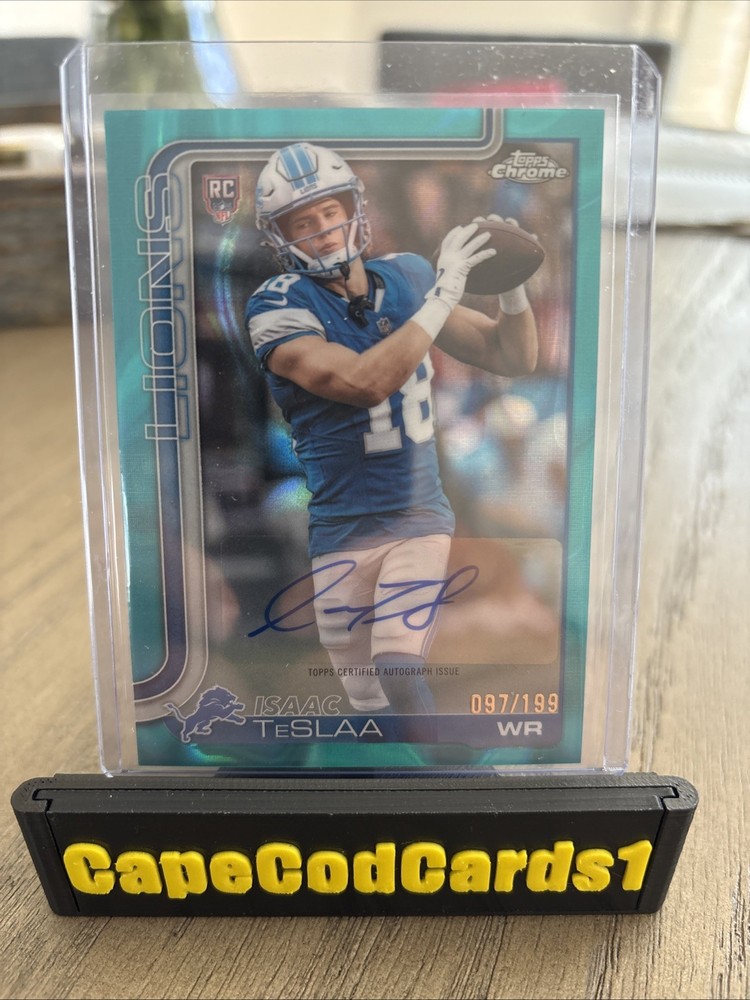 Isaac TeSlaa 97/199 Rookie Aqua Lava Auto 2025 Topps Chrome Football Card