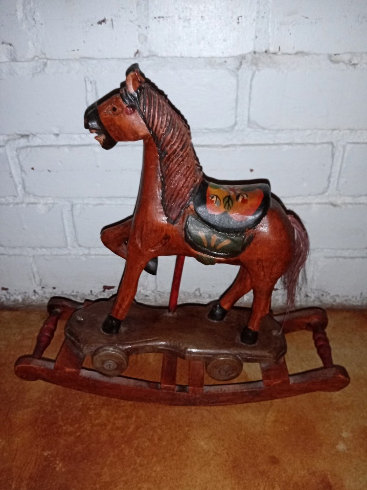 Vintage Hand Carved Wooden Carousel Rocking Horse on Wheels Folk Art Hair Tail