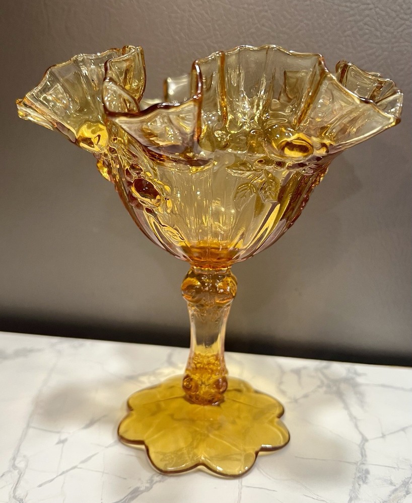 Vintage Fenton Amber Gold Cabbage Rose Ruffled Compote Candy Dish