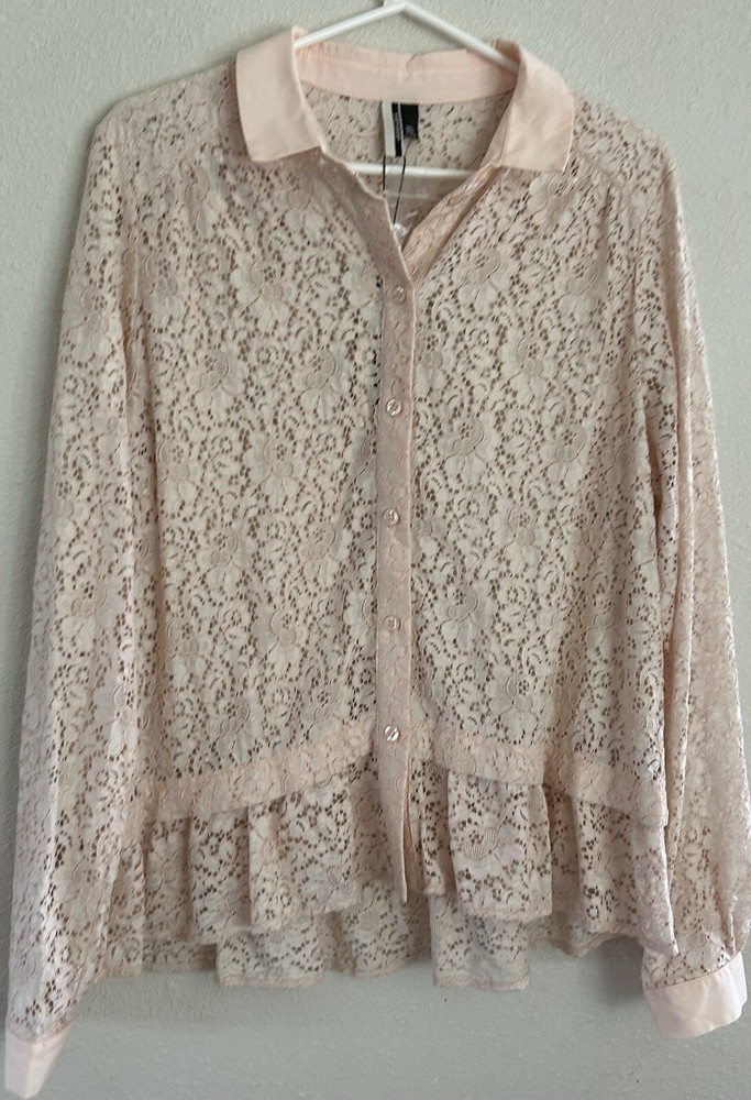 Top Shop Long Sleeve Pink  lace  Button Down Top Size 10