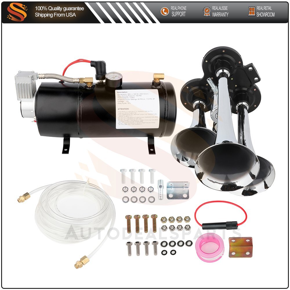 Triple Trumpet 150PSI Compressor 3L Tank Air Horn Kit For Truck Car Train System