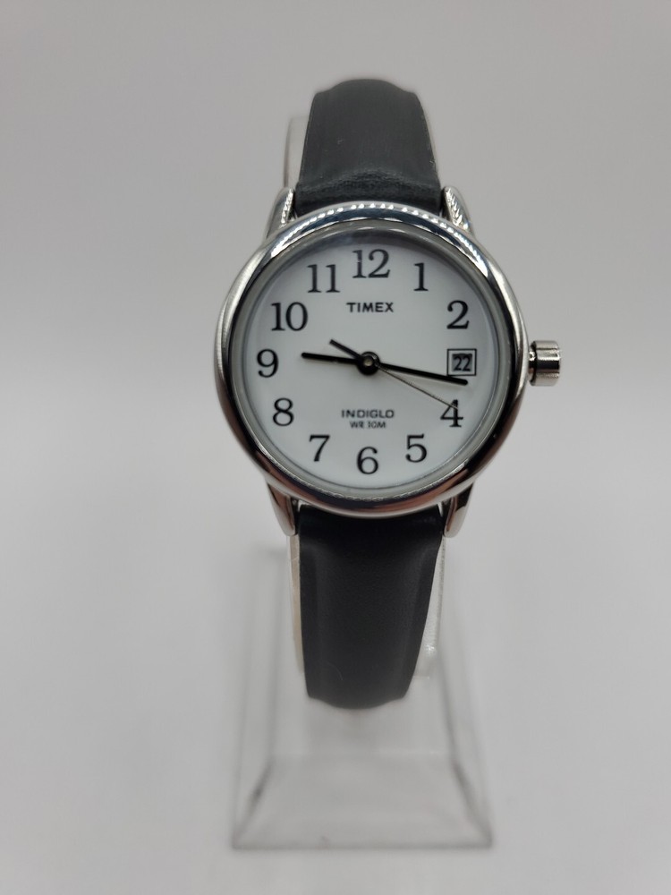 Timex Ladies Everyday Quartz Watch 25mm Round Silver Tone Black Leather Band