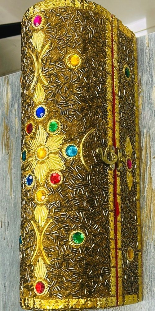 Elegant handmade jewelry box with vibrant gems, perfect for storage & decor.