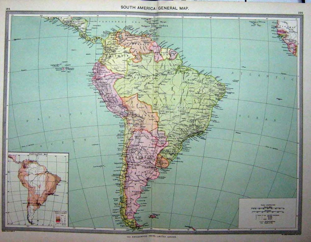 Old Antique Print Map C1880 South America Population Brazil Falkland Peru 19th
