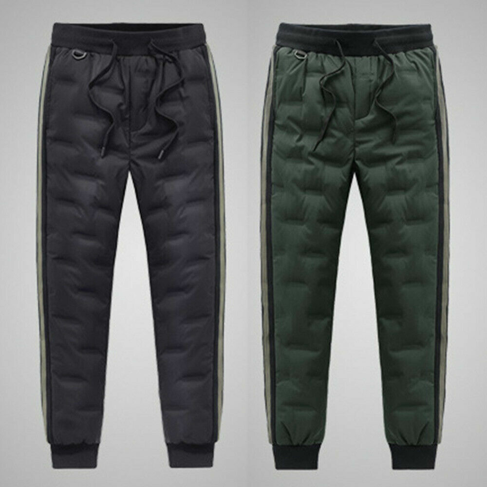 Men Duck Down Quilted Lined Pants Tapered Padded Trousers Stripe Warmer Trouser