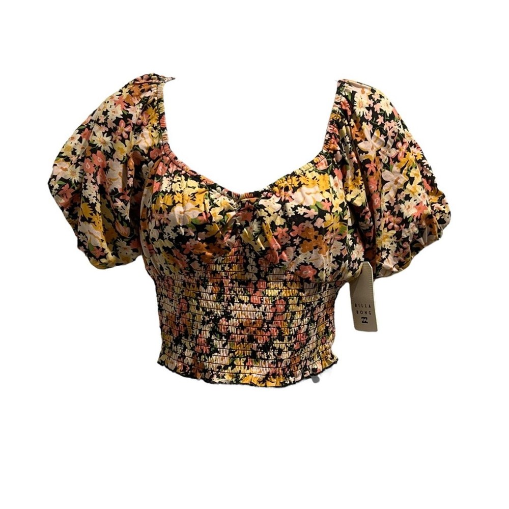 Clearance Sale 🎁 Billabong Floral Smocked Puff Sleeve Crop Top NWT Size M-image