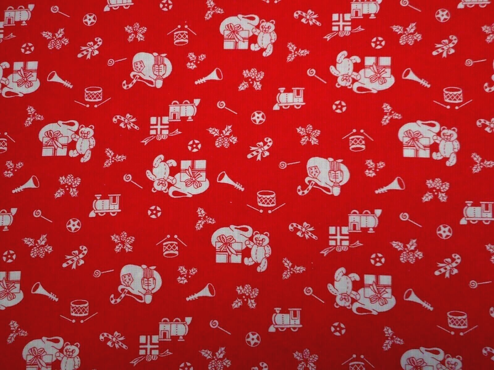 Christmas Fabric 1 3/4 Yard Toys Candy Cane Bear Train Drum Red Cotton Vtg #11