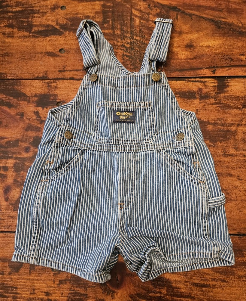 VTG Oshkosh B’gosh Striped Denim Shorts Vestbak Bib Overall 24 Months Blue White
