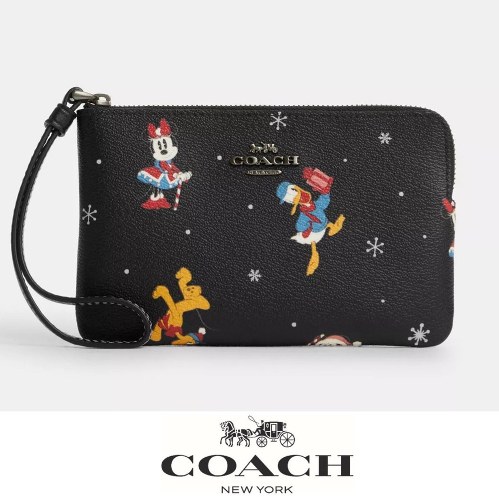 Disney X Coach Holiday Print Corner Zip Wristlet NWT