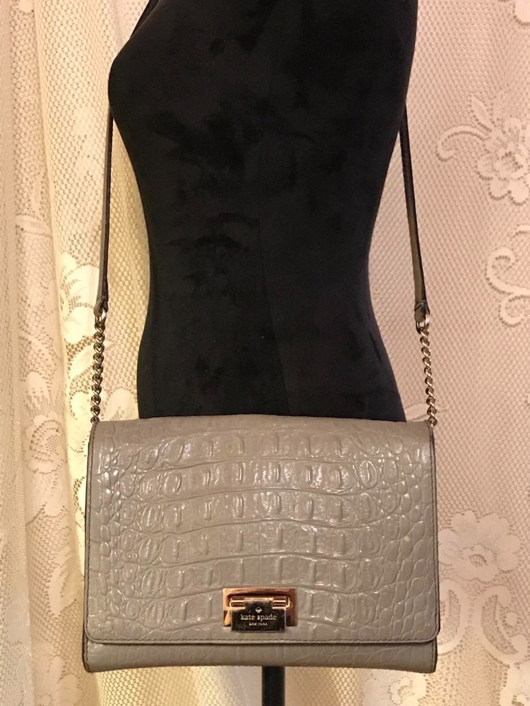 Kate Spade Gray Croc Embossed Harwood Fiona Crossbody with Leather Chain Strap  
