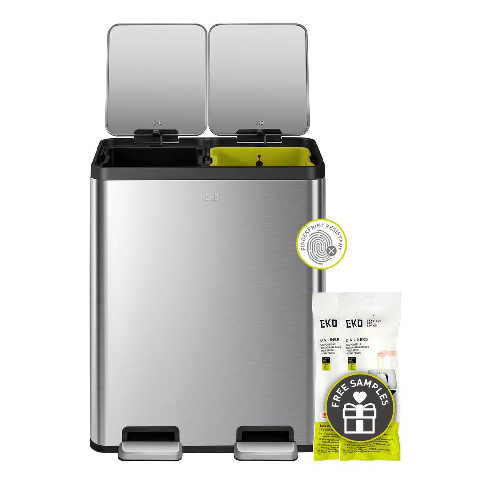 EcoCasa 30L+30L Dual Trash Can with Recycle Bin, Stainless Steel Independent ...