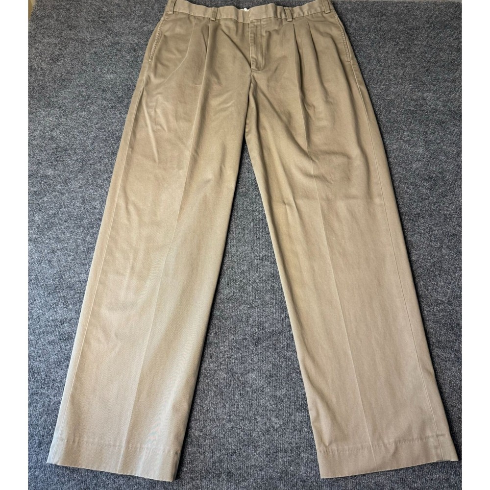 L.L. Bean Pants Mens 38x33 Tan Pleated Flap Pockets Dress Chino 100% Cotton