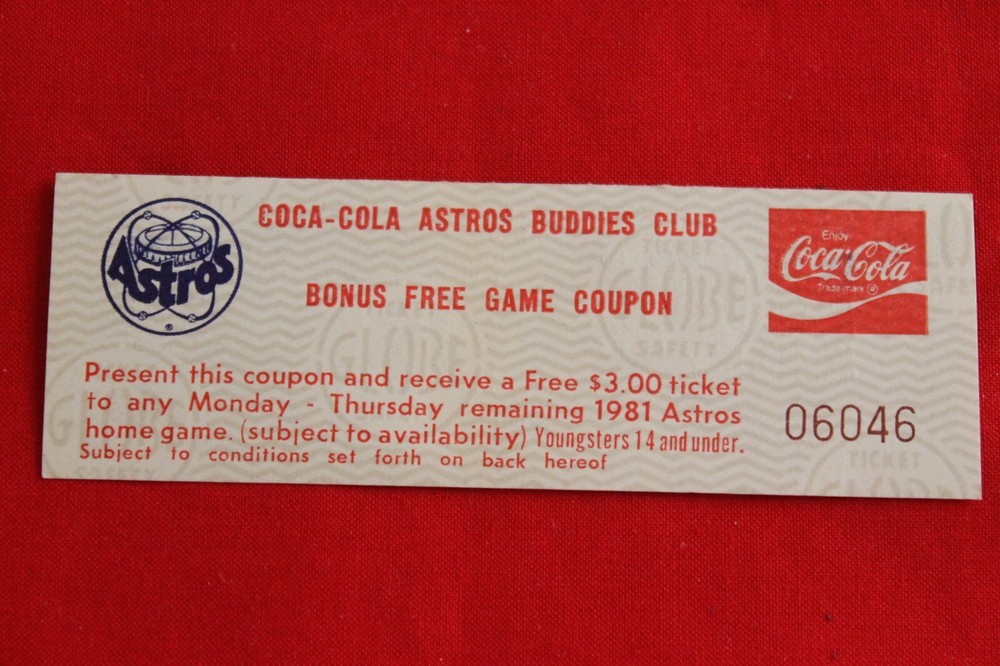 VINTAGE 1981 HOUSTON ASTROS BUDDIES TICKET COUPON 43 YEARS OLD ASTRODOME MINT-image