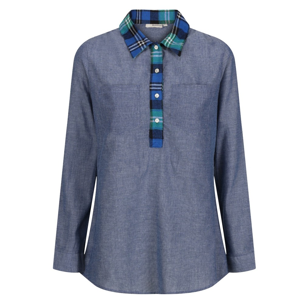 Womens Blue Cotton Blouse Shirt Top Chambray Quarter Button Anmol BNWT Size 22