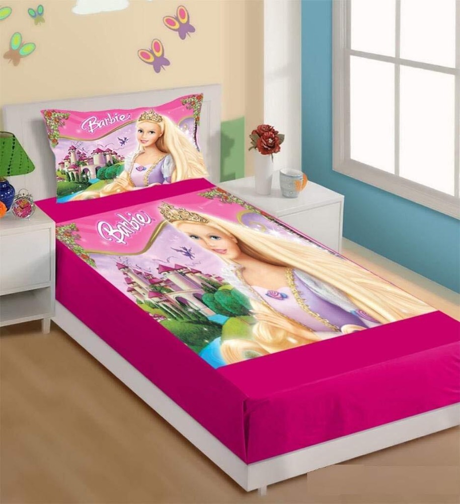 3D Digital Print Velvet Single Bed Sheet with 1 Pillow Cover Barbie Princess