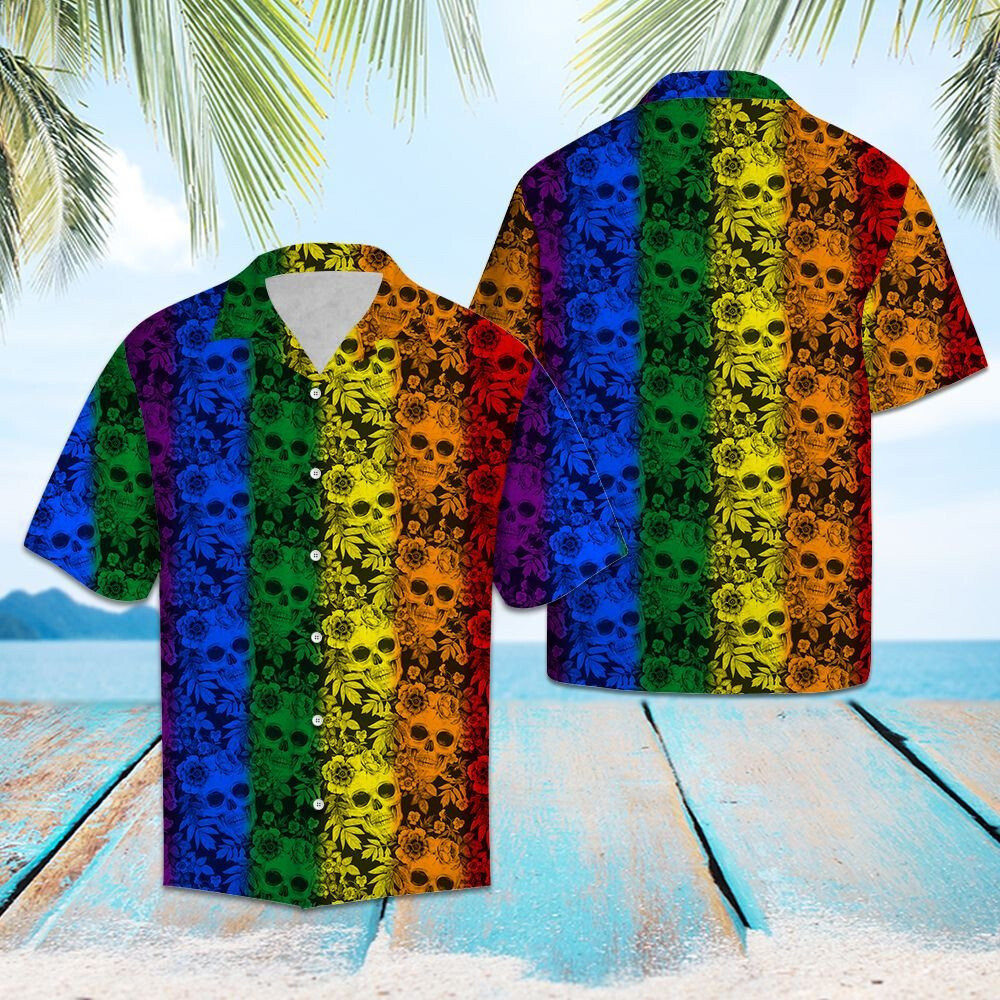 Tropical Plants And Skull Lgbt Color Striped Pattern Hawaiian Shirt Gay Pride 3D