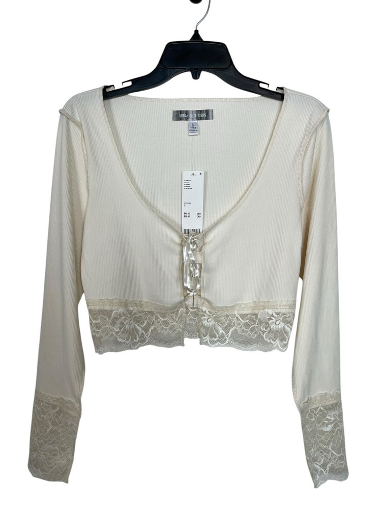 Urban Outfitters Nikko Lace Up Long Sleeve Crop Top NWT Lace Girly Ivory Sz Lg