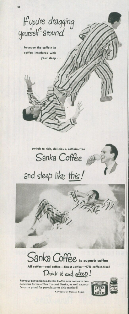 1947 Sanka Coffee Man Dragging Himself Sleeping on Cloud Vtg Print Ad C18