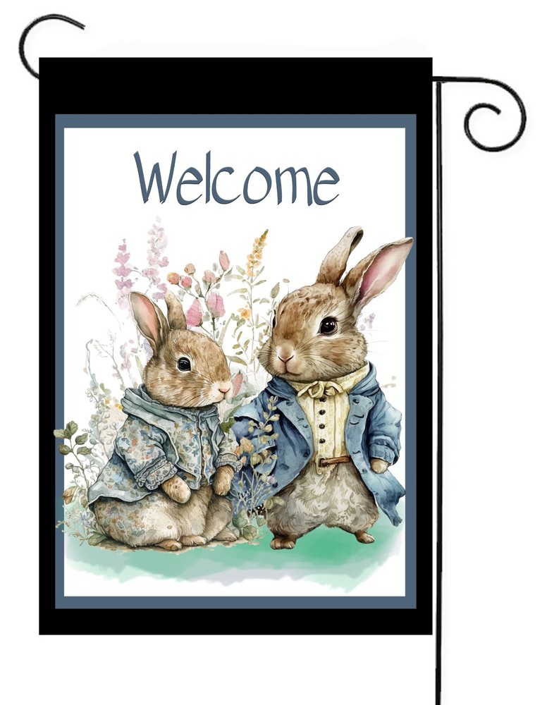 Victorian Rabbits Welcome Garden Flag ~ 12x18 ~ Double Sided Soft Flag