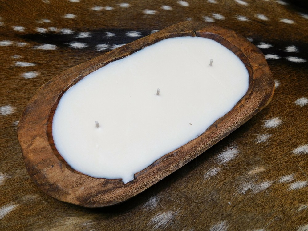 Carved Wooden Dough Bowl Soy Wax Candle in Cotton Blossom Scent 1LB Wood Trencher