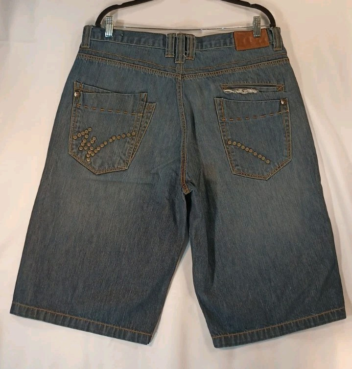 Miskeen Originals Blue Denim 7-Pocket Shorts with Rivets Size 38