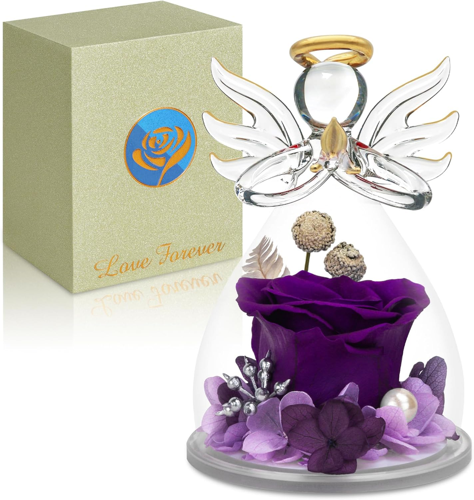 Preserved Flower Rose Gifts in Glass Angel Figurines,Valentines Day Gifts for He