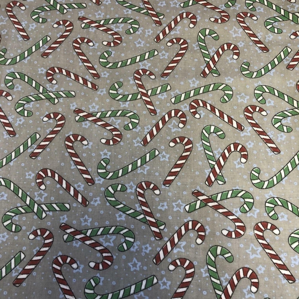Polycotton Craft Fabric Material Christmas Festive CANDY CANES GREY
