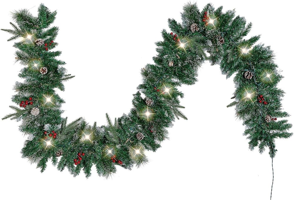 Christmas Garland Snow Flocked Prelit w/ 50 Lights,Bristle,Pine Cones,Red Berrie
