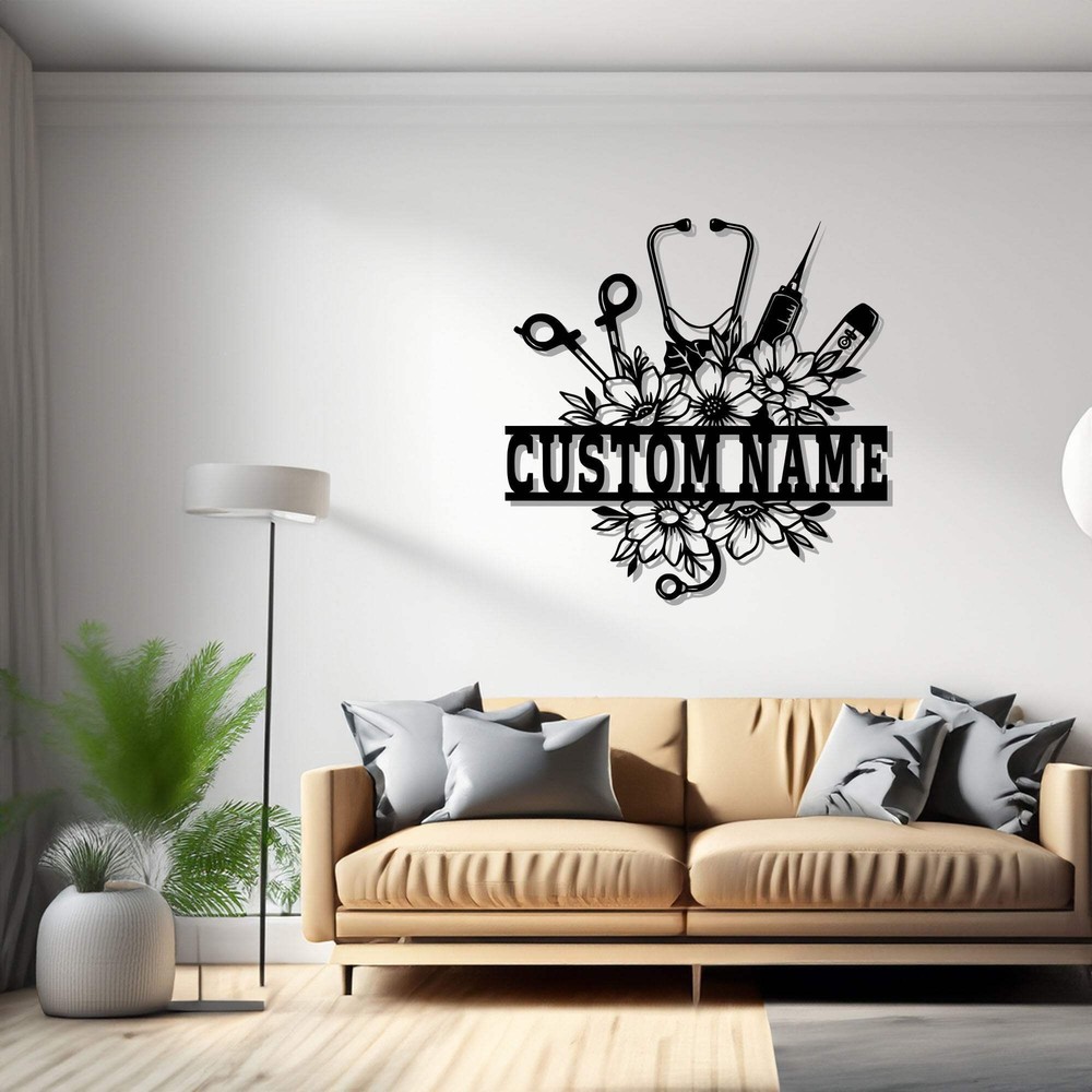 Custom Nurse Floral Frame Metal Wall Art, Personalized Nurse Name Sign Decoratio