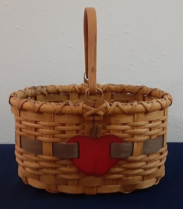 Amish Hand Made Basket Wood Bottom Swing Handle Colored Band with Apple Cutout