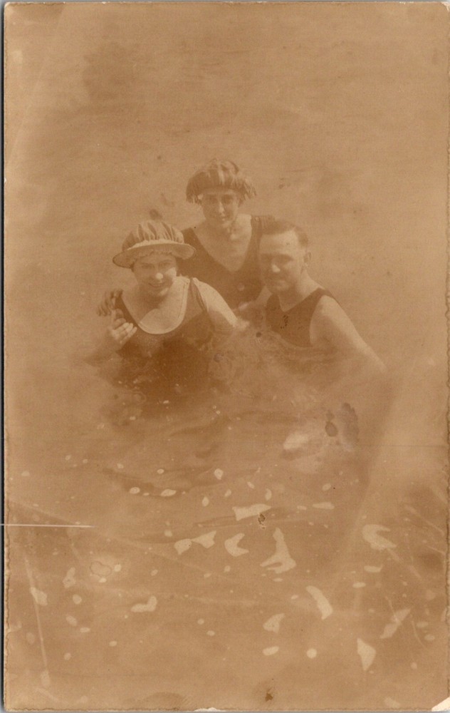 RPPC Postcard Two Women and Man in Water Wearing One Piece Swimming Suit   23170