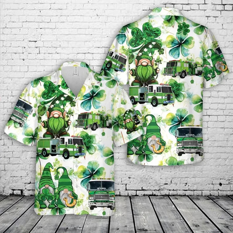 St. Patrick's Day Green Fire Truck Aloha Shirt Irish Firefighter Gift