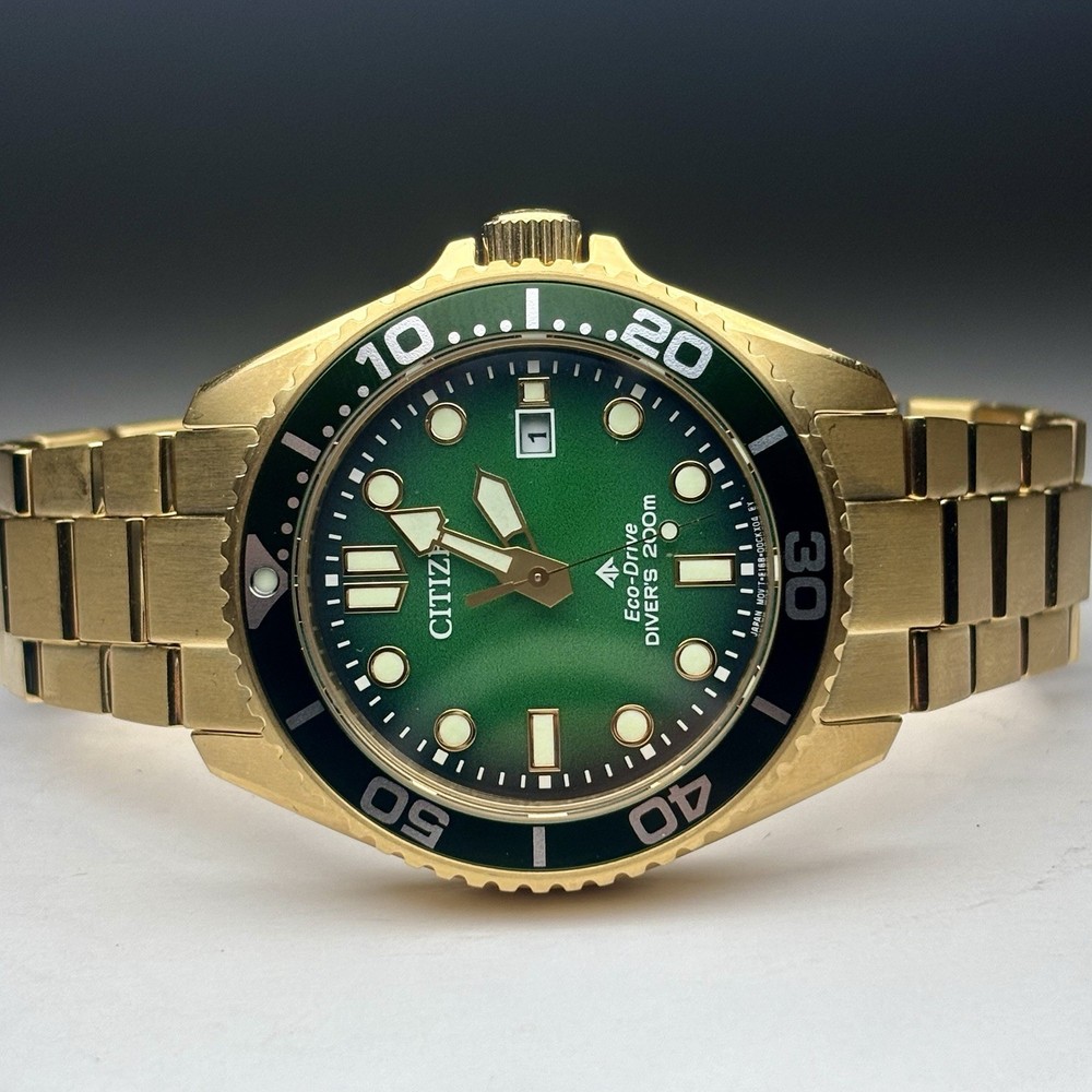 Citizen ProMaster Dive Timepiece Green Dial Gold Stainless Mens Watch BN0262-59W