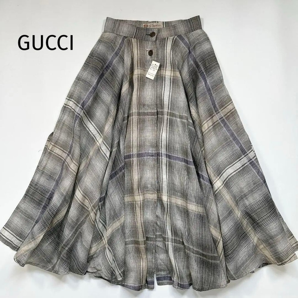 Rare! Vintage Gucci Linen Flare Skirt Check Long 40 Gray