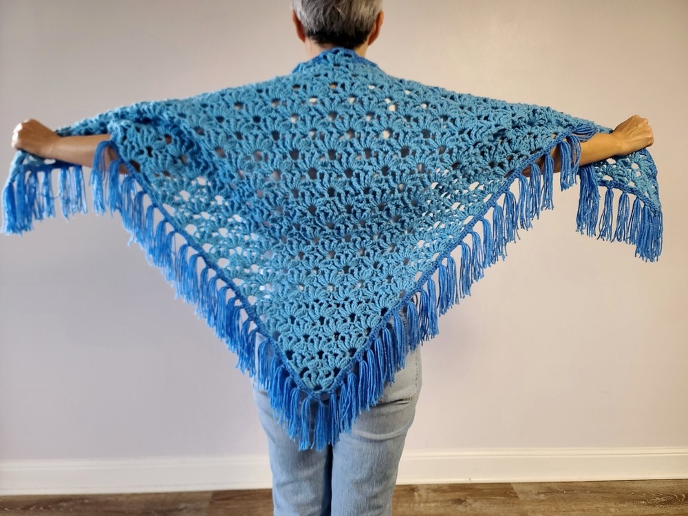 Vintage handmade boho fringe blue poncho, triangle shawl