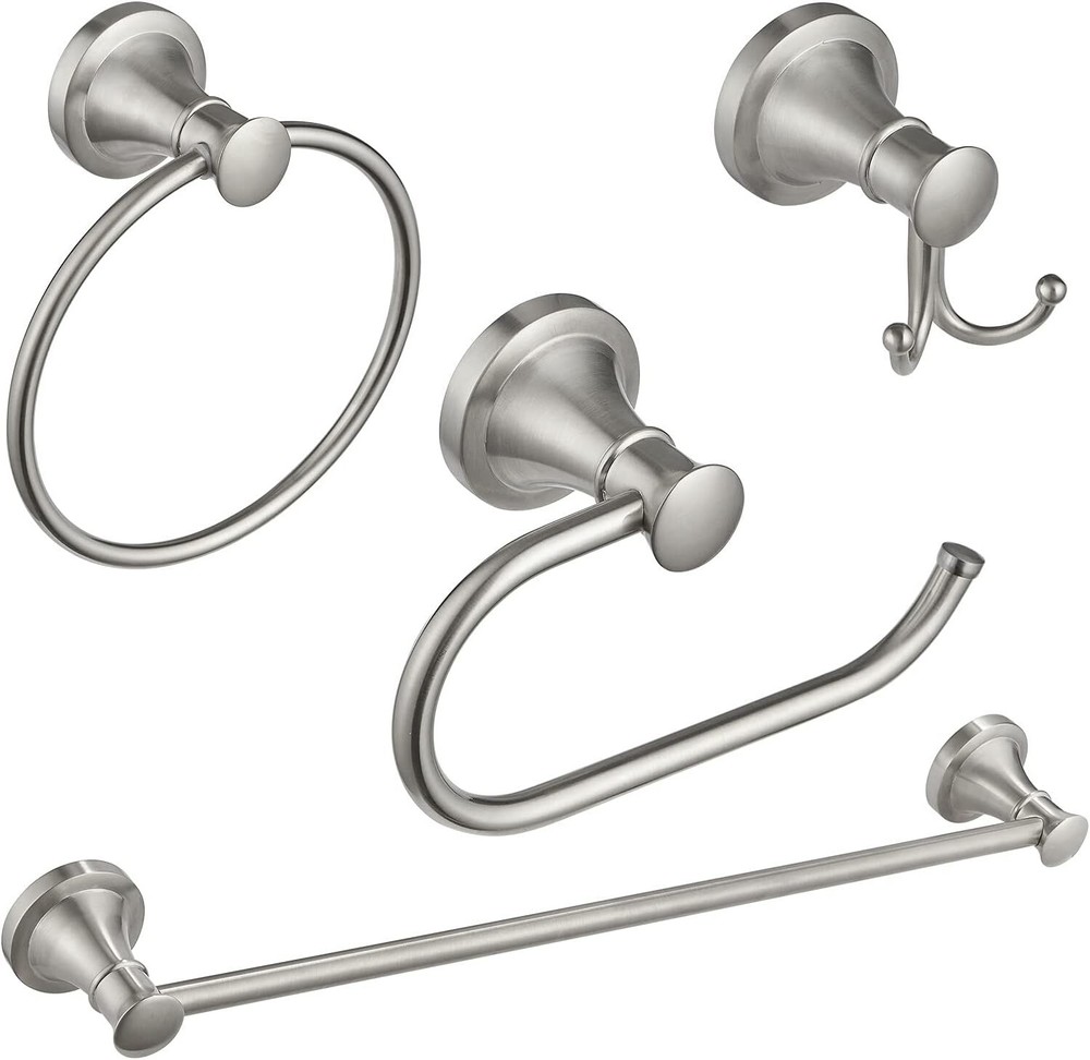Brushed Nickel 4 Piece Bathroom Accessories Set (Single Towel Bar, Towel