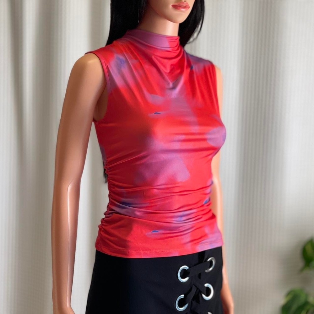 NWT French Connection Sleeveless Mock Neck Pink Abstract Top Cyber Grunge Sz XS
