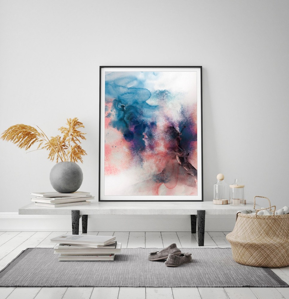 Pink Blue Abstract Art Watercolor Print Ink Painting Poster Gift For Couple