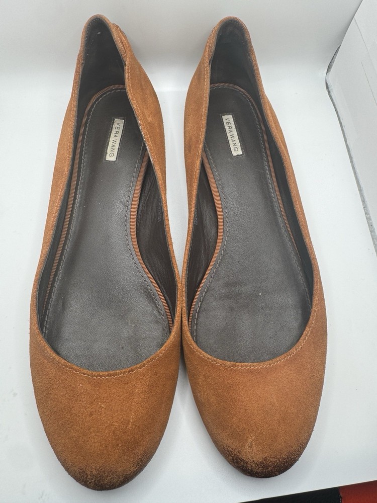 VERA WANG Suede Ballet Flats – Cognac Brown Burnished Toe | Minimalist Luxury