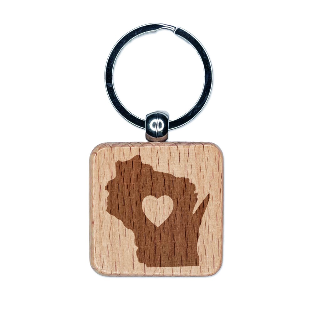 Wisconsin Heart Engraved Wooden Keychain Tag Charm Souvenir  