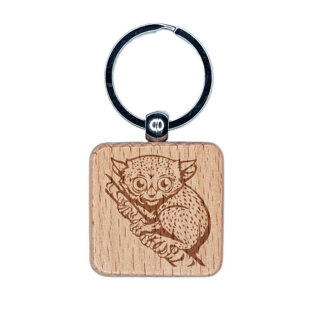 Tiny Primate Tarsier Engraved Wood Square Keychain Tag Charm