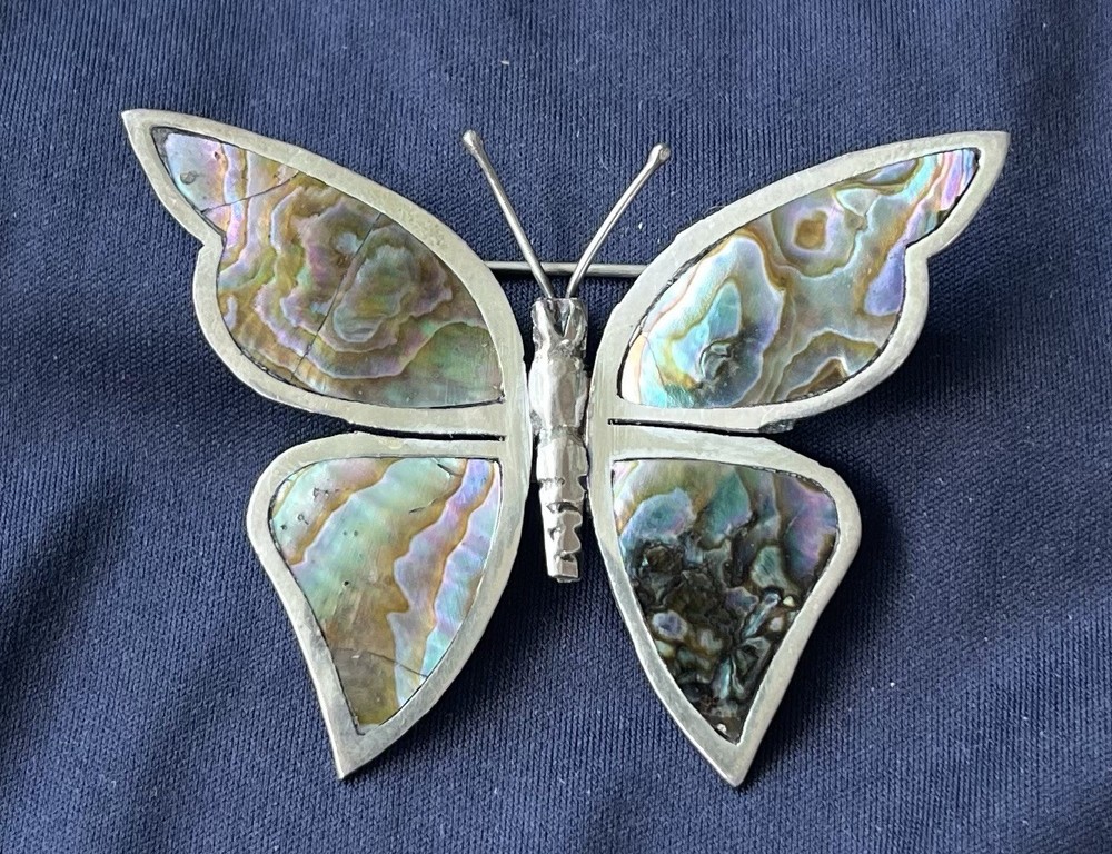 Vintage Brooch Sterling Silver Mexico Butterfly Mother Of Pearl insect