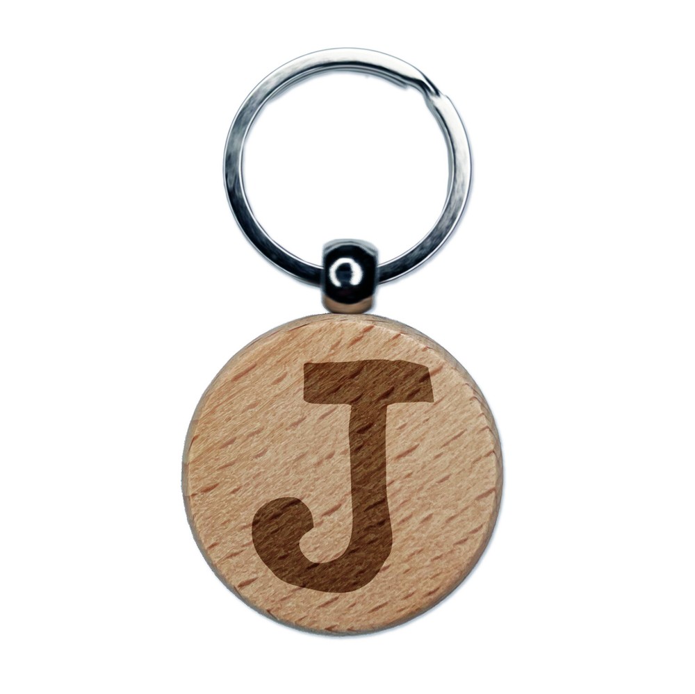 Letter J Uppercase Cute Typewriter Font Engraved Wood Round Keychain Tag Charm