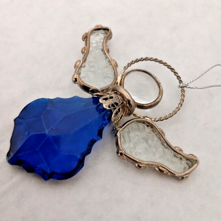 Blue Clear Silver Wire Angel Christmas Ornament Stain Glass Style