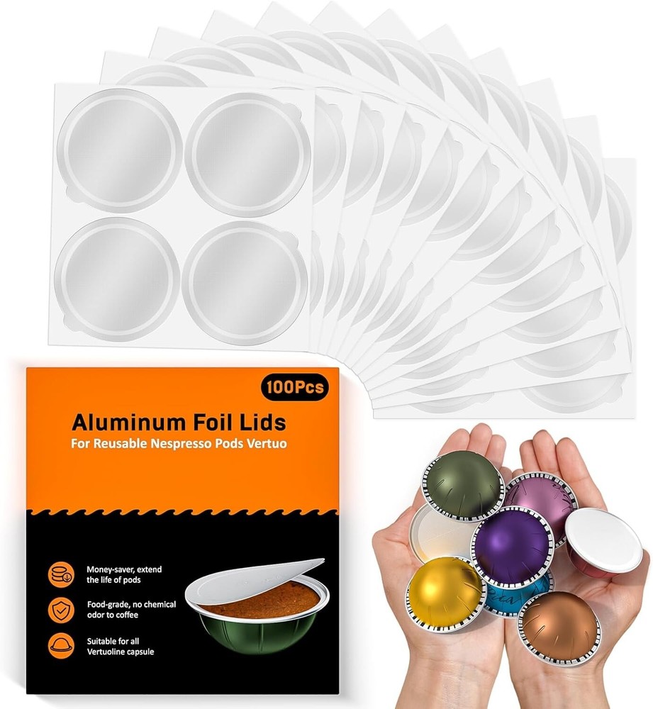100-Pack Reusable Aluminum Foil Lids for Nespresso Vertuo Pods Seal Covers