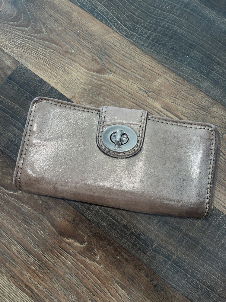 Coach Shiny Metallic Leather Turn-Lock Large Wallet in Fabric